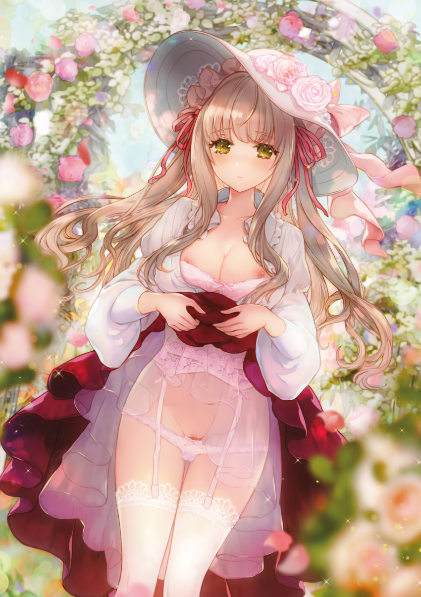 1girls artist_request blonde_hair bustier censored cleavage clothes_lift exposed_breasts female_only flower garter_belt lifted_by_self lingerie long_hair modest panties pink_flower presenting pussy shy skirt_lift solo source_request stockings sun_hat thighhighs tied_hair white_dress white_flower white_panties yellow_eyes