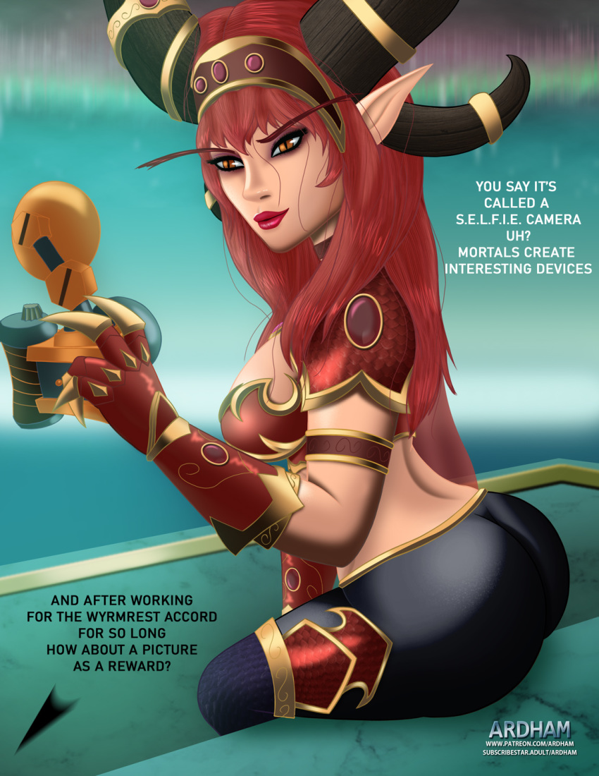 alexstrasza ardham ass big_ass dialogue dragon dragon_aspect dragonblight elf elf_ears heroes_of_the_storm huge_ass large_ass large_breasts northrend pointy_ears red_dragonflight s.e.l.f.i.e._camera selfie skin_tight solo solo_female warcraft world_of_warcraft wyrmrest_temple