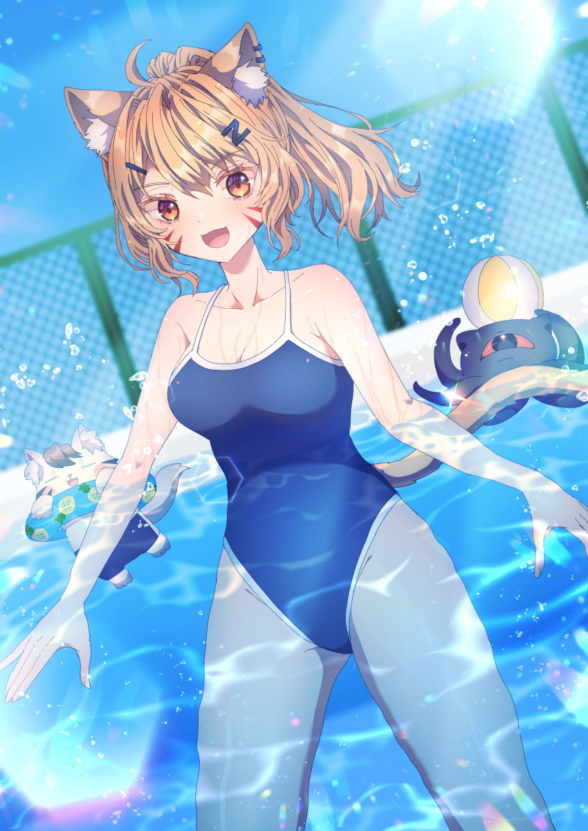 1girl 1girls :d ahoge animal_ear_fluff animal_ears antenna_hair ball bangs bare_arms bare_shoulders blonde_hair blue_sky blue_swimsuit blurry blurry_background blurry_foreground breasts brown_eyes cat_ears cat_tail catgirl caustics chain-link_fence cleavage collarbone competition_school_swimsuit competition_swimsuit cowboy_shot day depth_of_field dutch_angle eyebrows_visible_through_hair face_markings fang female_only fence hair_between_eyes hair_ornament hairclip holding light_brown_hair long_hair looking_at_viewer medium_breasts one-piece_swimsuit open_mouth outdoors partially_submerged ponytail pool poolside red_eyes school_swimsuit sky smile solo squchan_(vtuber) standing sunlight swimsuit tail virtual_youtuber vyugen water wet x_hair_ornament