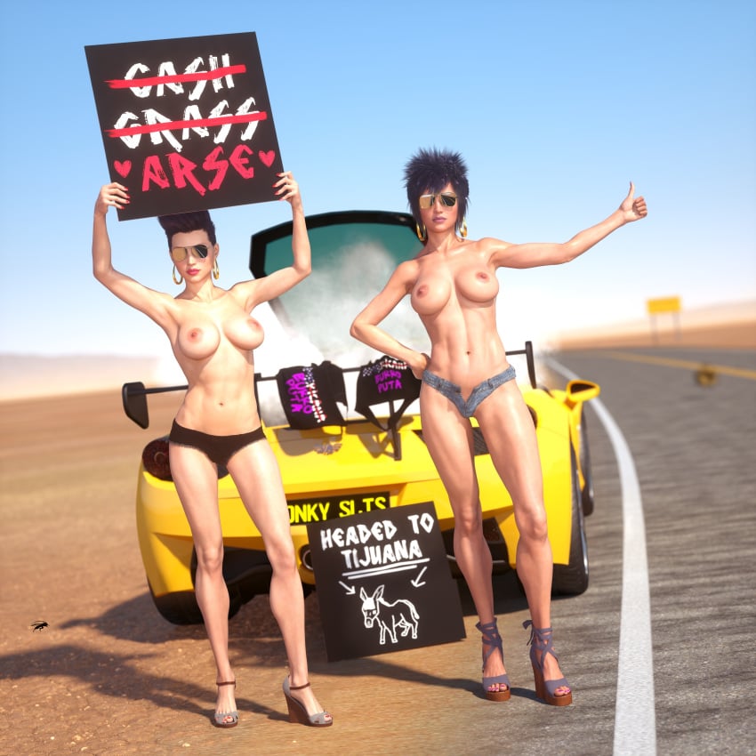 2girls 3d abs areolae aviator_sunglasses biceps big_breasts bimbo black_hair breasts car desert earrings female female_focus female_only fit fit_female gabriela_(lethalcandy) high_heels hitchhiking hot_pants jean_shorts large_breasts lethalcandy long_fingernails makeup nail_polish nipples open_toe_shoes outdoors pinup platform_heels pose posing short_hair short_shorts solo standing sunglasses text tinted_eyewear toned toned_female topless