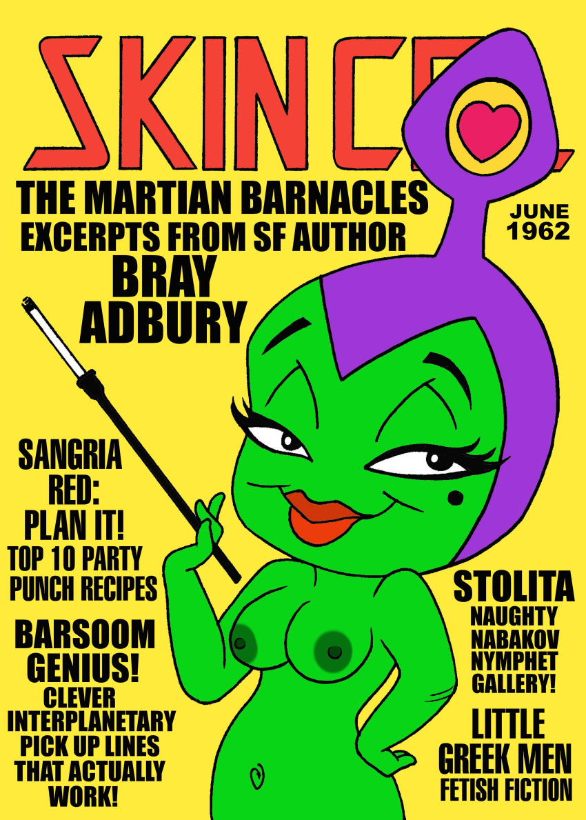 1girls 2020 alien alien_girl cigarette cigarette_holder english_text eyelashes female female_only green_skin large_breasts lipstick looney_tunes mole mole_under_eye nude solo toonytease warner_brothers