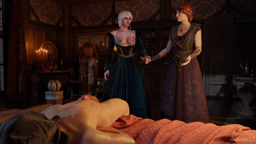 1boy 2girls 3d alternate_costume breasts breasts_out candlelight cd_projekt_red ciri covered_face detailed_background empress_ciri fingerless_gloves holding_breast holding_hand indoors laying_on_bed looking_at_another looking_down malesub niodreth nude_male orianna_(the_witcher) pearl_necklace penis red_hair revealing_cutout royalty sex_education the_witcher the_witcher_(series) the_witcher_3:_wild_hunt training unseen_male_face vampire white_hair