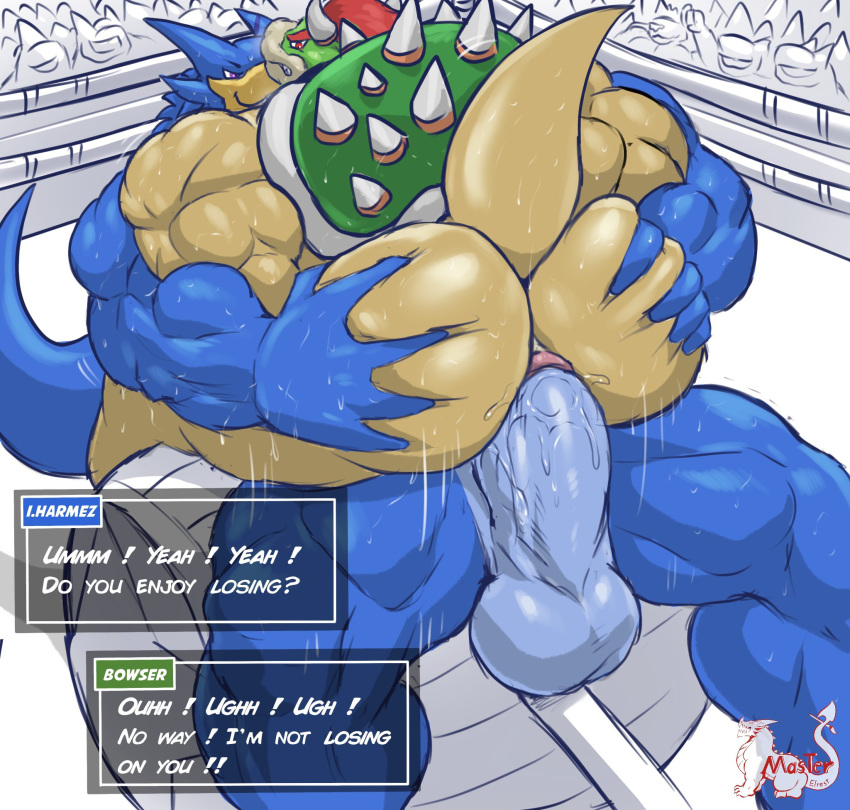 anal anthro anus ass background_character background_characters balls beak biceps big_balls big_penis blue_balls blue_body blue_penis blue_skin bodily_fluids bowser butt_grab clenched_teeth dragon duo english_text erection eyebrows fight fighting_ring gay genitals green_shell grin hair hand_on_butt hi_res horn huge_balls huge_cock humanoid_genitalia humanoid_penis i.harmez_(masterelrest) looking_back male male/male male_only mario_(series) masterelrest muscular muscular_male nintendo nude original_character penis pink_anus pink_eyes public quads raised_tail red_eyebrows red_eyes red_hair scales shell smile spiked_shell spikes sweat tagme teeth text triceps video_games wrestling yellow_body yellow_scales