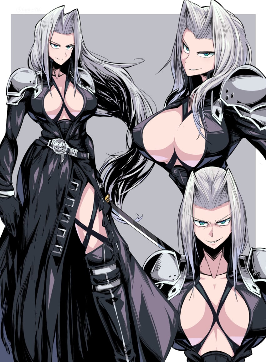 1girls 2020 belt breasts center_opening cleavage evil_smile eyebrows_visible_through_hair female female_only final_fantasy final_fantasy_vii genderswap_(mtf) gloves green_eyes grey_background hair_intakes highres holding_weapon large_breasts long_coat long_hair looking_at_viewer multiple_views no_bra rule_63 sephiroth shoulder_pads silver_hair smile solo standing suzusiigasuki sword thighs very_long_hair weapon white_hair