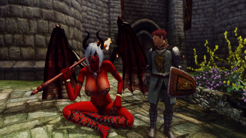 1boy bethesda_softworks cleavage daedra demon demon_girl demon_horns erzebet erzebet_(artist) fantasy game_screenshot guard huge_breasts knight large_breasts male oblivion red_skin sitting size_difference smile smug succubus the_elder_scrolls weapon white_hair wings yellow_eyes