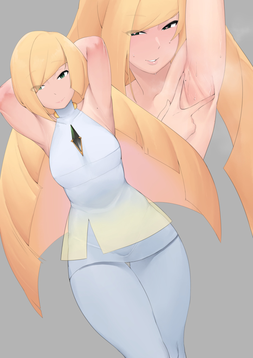 1girls armpit armpit_fetish armpit_focus armpits blonde_hair female green_eyes heart-shaped_pupils long_hair lusamine_(pokemon) mature_female milf moebell mother nintendo pokemon pokemon_sm solo solo_female steam steamy steamy_armpits sweat sweaty_armpits