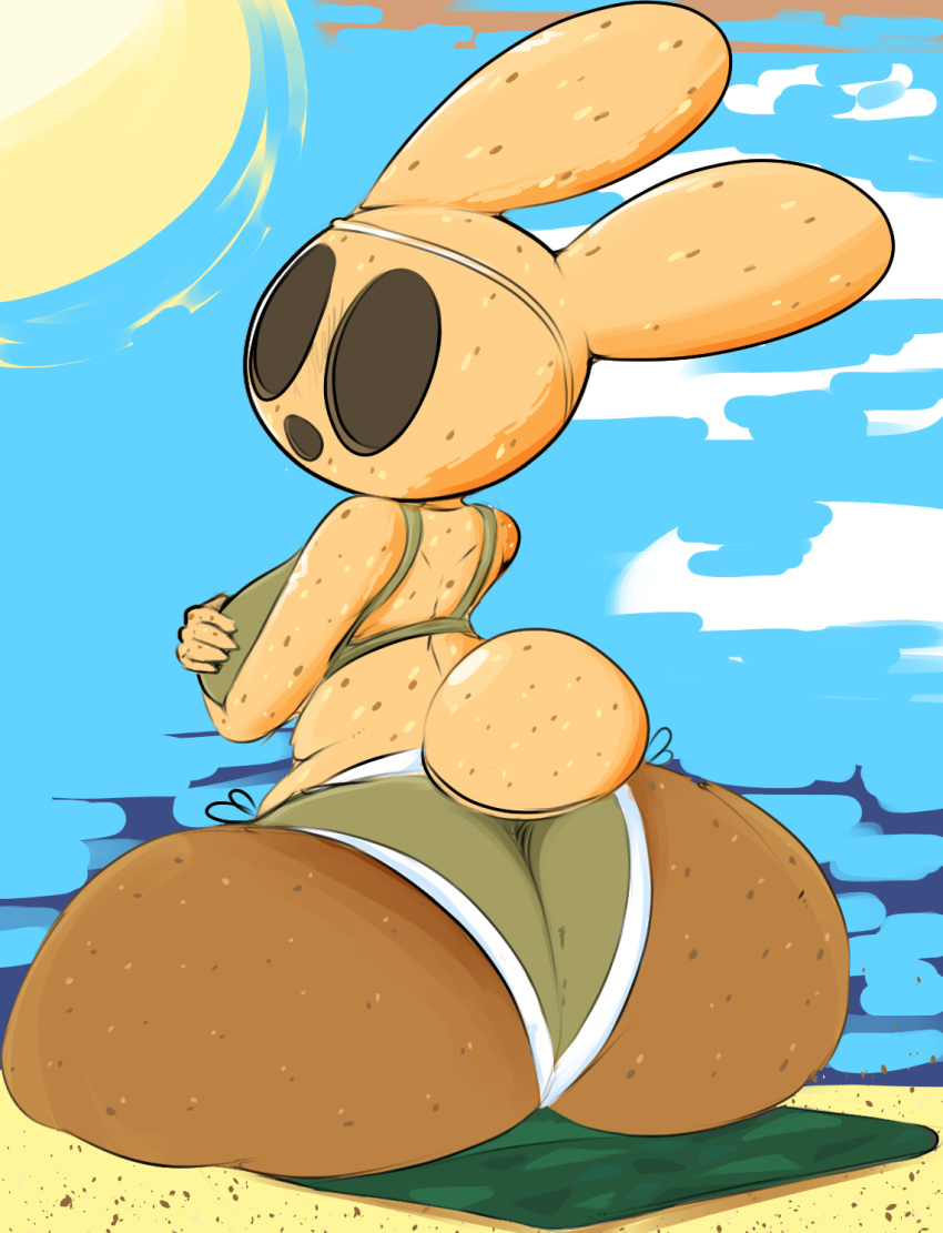 2020 animal_crossing ass beach big_ass bikini breasts bunny_ears bunny_girl coco_(animal_crossing) female from_behind nintendo ponk sitting smile