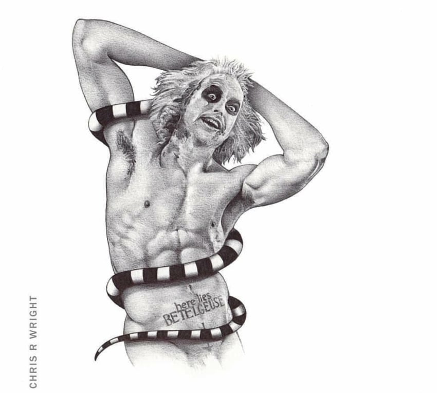 1boy abs beetlejuice beetlejuice_(character) halloween horror male male_only muscular muscular_male pose pubic_tattoo snake solo solo_male tattoo tim_burton wright_(artist)