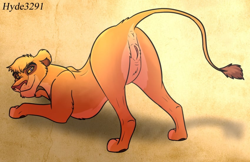 all_fours anus ass_up disney felid female feral genitals half-closed_eyes hyde3291 lion looking_at_viewer mammal narrowed_eyes pantherine presenting presenting_pussy pussy raised_tail seductive simple_background smile solo the_lion_king vitani