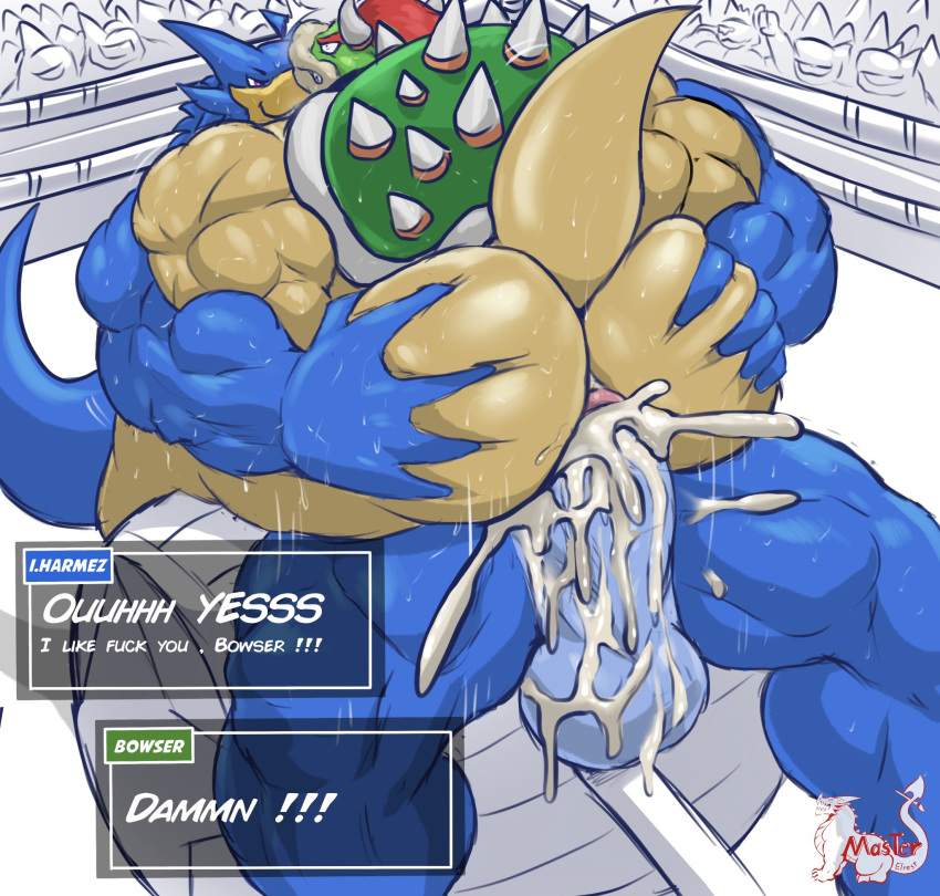 anal anthro anus ass background_character background_characters balls beak biceps big_balls big_penis blue_balls blue_body blue_penis blue_skin bodily_fluids bowser butt_grab clenched_teeth cum cum_in_ass cum_inside dragon duo english_text erection excessive_cum eyebrows fight fighting_ring gay genital_fluids genitals green_shell grin hair hand_on_butt hi_res horn huge_balls huge_cock humanoid_genitalia humanoid_penis i.harmez_(masterelrest) looking_back male male/male male_only mario_(series) masterelrest muscular muscular_male nintendo nude original_character penis pink_anus pink_eyes profanity public quads raised_tail red_eyebrows red_hair scales shell smile spiked_shell spikes sweat tagme teeth text triceps video_games wrestling yellow_body yellow_scales