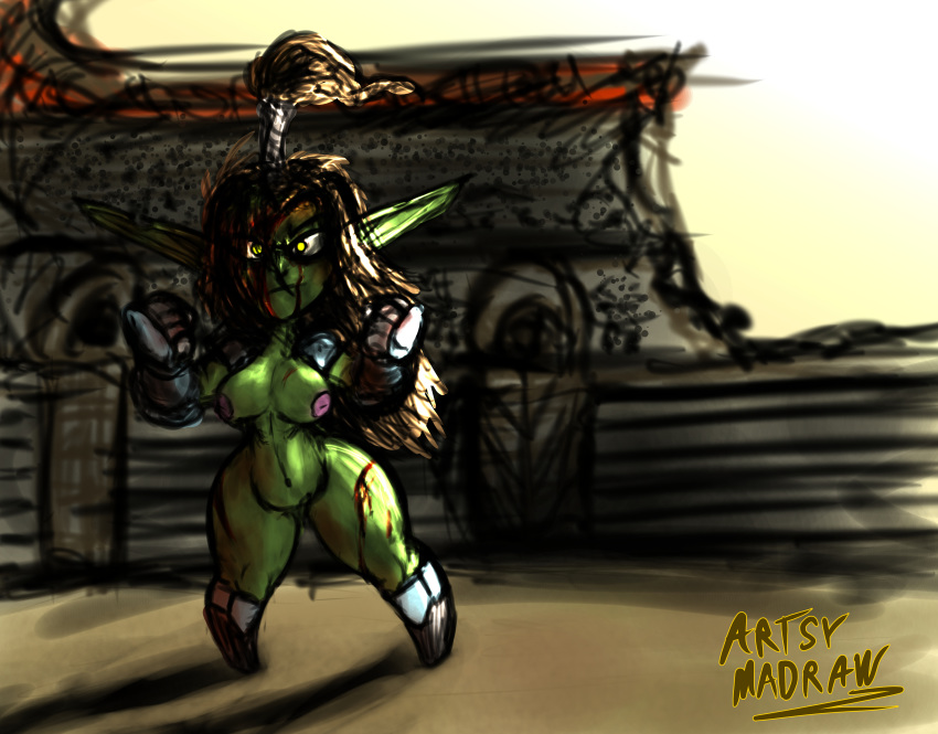 1girls angry arena artsy_madraw blood brawler breasts color female fighter fighting_stance fists functionally_nude gauntlet gauntlets gladiator goblin goblin_female green_skin huge_ass long_ears long_hair medium_breasts original partially_clothed pointy_ears shortstack solo topknot wide_hips wounded yellow_eyes