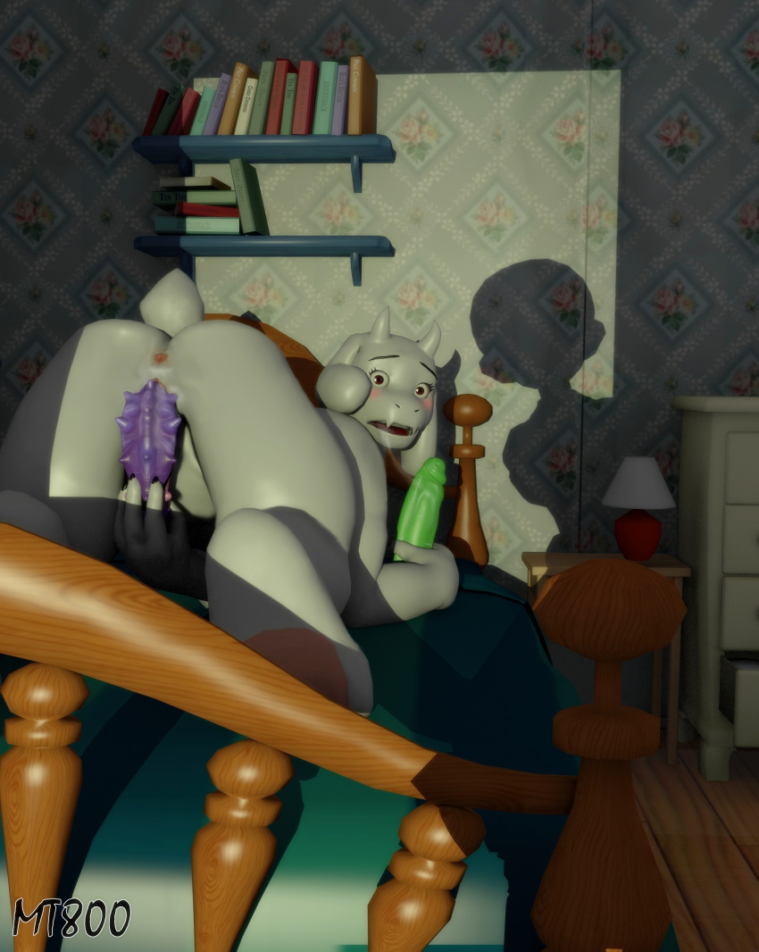 2020 3d 3d_(artwork) absurd_res anthro ass_up bed blush bodily_fluids boss_monster bovid caprine caught digital_media_(artwork) dildo dildo_lick dildo_penetration female fur furniture genital_fluids genitals hair hi_res horns licking looking_at_viewer looking_back mammal masturbation mature_female mt800 nude open_mouth red_eyes sex_toy shadow signature tongue tongue_out toriel undertale video_games white_body white_fur