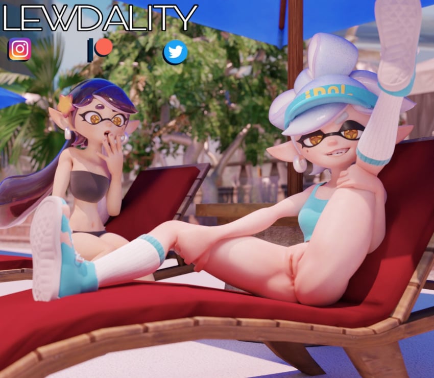 2girls 3d 3d_(artwork) bottomless callie_(splatoon) curvaceous curvy highres inkling lewdality marie_(splatoon) marie_(wo262) nintendo patreon pool poolside pussy pussy_juice sitting splatoon splatoon_2 spread_legs spreading swimsuit teasing teenager thick thick_thighs vagina vaginal_penetration