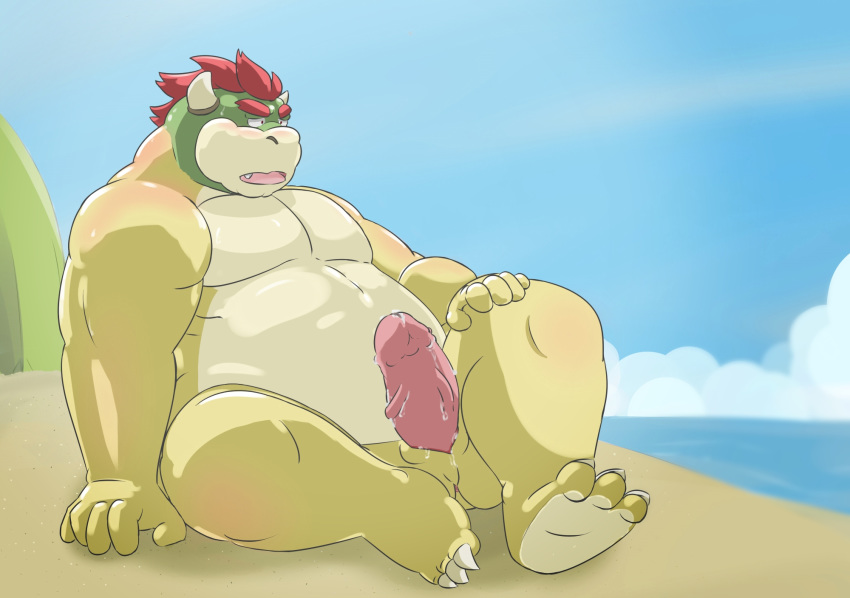 2020 anthro beach belly bowser erection genitals hi_res humanoid_hands koopa male male_only mario_(series) nintendo outside overweight overweight_male penis ragnadope scalie seaside sitting solo video_games water