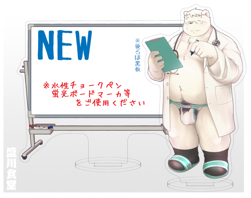 2020 anthro balls belly bulge closed_eyes clothing doctor fur genitals humanoid_hands japanese_text kemono korokke male male_only mammal overweight overweight_male polar_bear pubes solo text underwear ursid ursine white_body white_fur