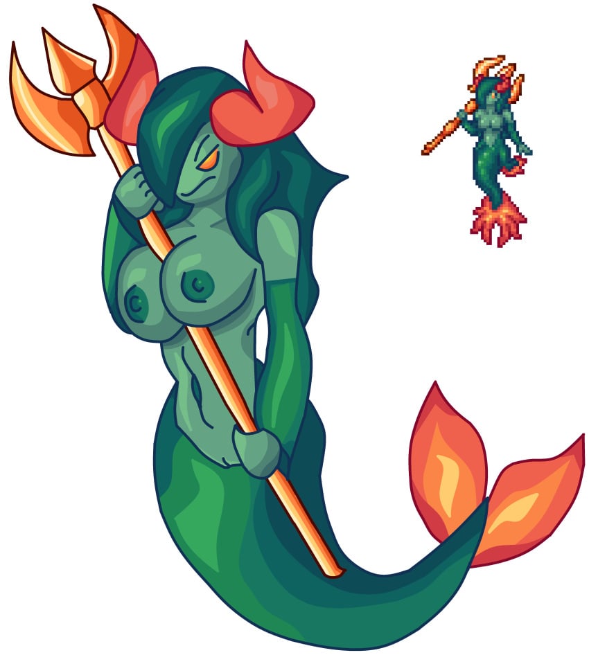 angry anthro big_breasts breasts calamity_mod edit female green_hair green_skin horns mermaid monster_girl naked nipples object_between_breasts one_eye_covered orange_eyes pussy siren siren_(calamity_mod) solo spectrallevi tail terraria trident white_background