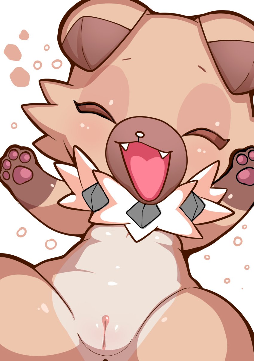 1girls anthro anthrofied armpits blush canine closed_eyes female flat_chest fur furry furry_only laying_down looking_at_viewer mammal nintendo no_nipples open_mouth pawpads paws pokémon_(species) pokemon pussy rockruff smile solo source_request teeth uyu