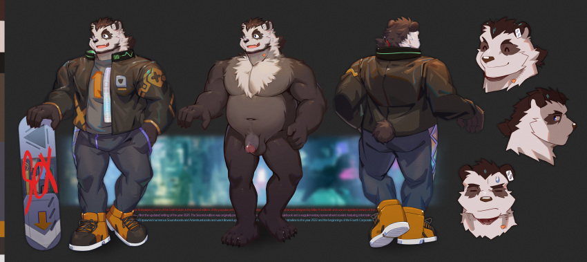 2020 absurd_res anthro ass balls belly black_body black_fur bottomwear clothing english_text flaccid fur genitals giant_panda hi_res hirainaoto1 humanoid_hands male male_only mammal moobs naotohirai navel overweight overweight_male pants penis shirt solo text topwear ursid white_body white_fur