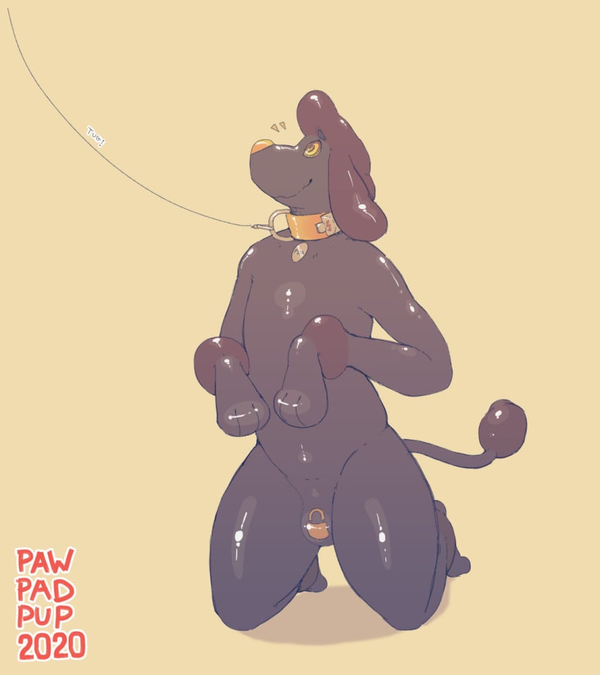 2020 ambiguous_gender anthro bulge canid canine canis collar domestic_dog drone hi_res hypnosis leash lock_bulge lock_symbol male_only mammal mind_control nude offscreen_character pawpadpup petplay pink_nose poodle puppyplay roleplay rubber simple_background solo yellow_background