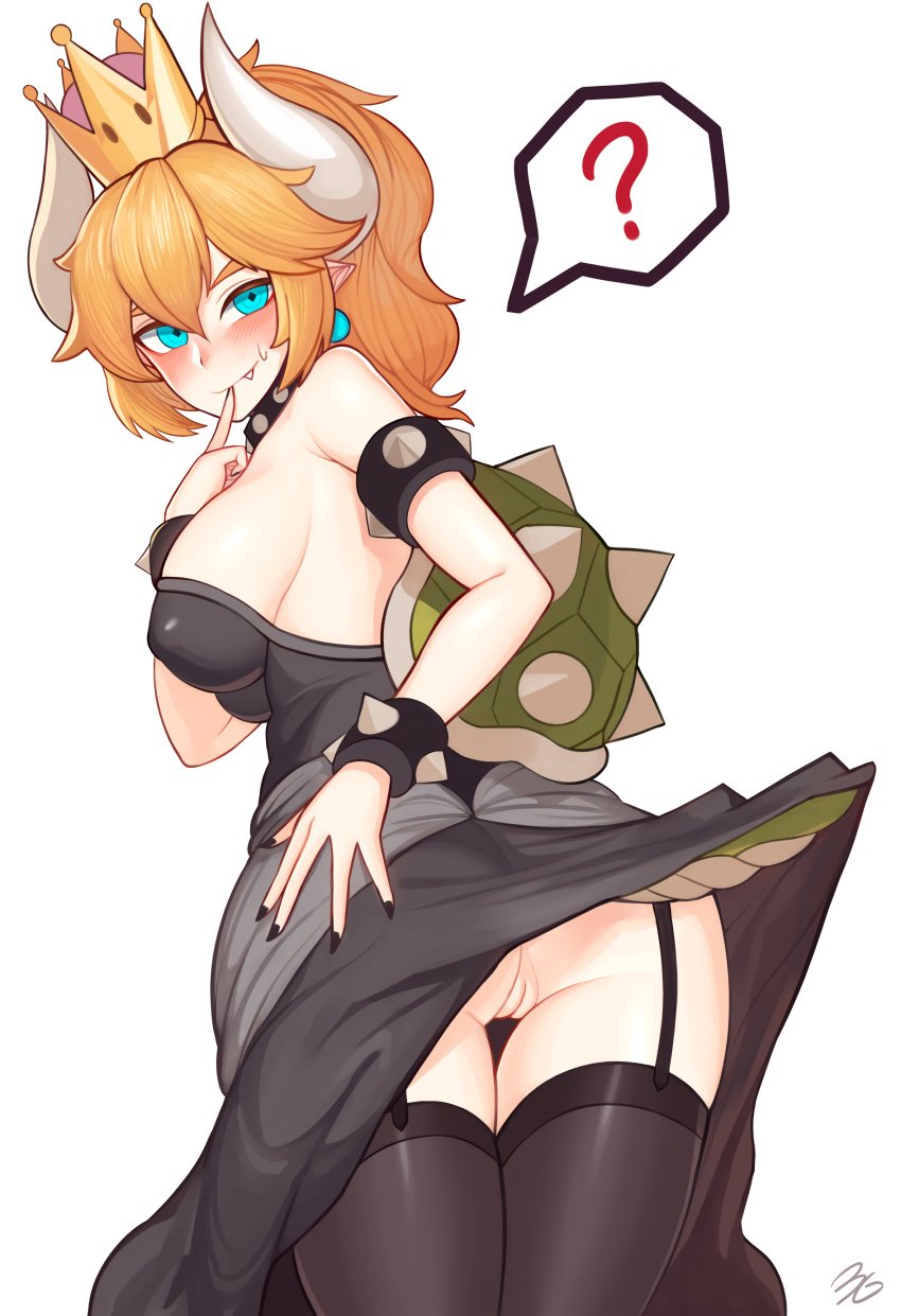 3gs ass blonde_hair blue_eyes blush bowsette clothing crown decensored female genderswap high_resolution looking_at_viewer looking_back mario_(series) new_super_mario_bros._u_deluxe nintendo nopan oerba_yun_fang super_crown tail uncensored upskirt very_high_resolution white_background