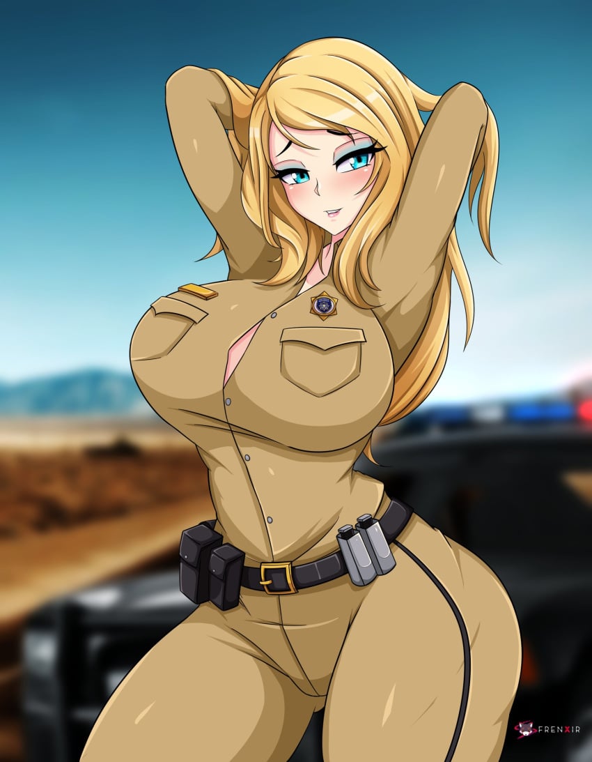 1girls belt big_breasts blonde_hair blue_eyes blush blushing breasts busty clothed cop dick_dastardly disguise disguised_male female female_skinsuit frenxir fully_clothed hanna-barbera human large_breasts long_hair looking_at_viewer male_only officer_jaffe police police_uniform rule_63 scoob! scooby-doo solo solo_female suit_transformation thick_thighs thighs wacky_races warner_brothers