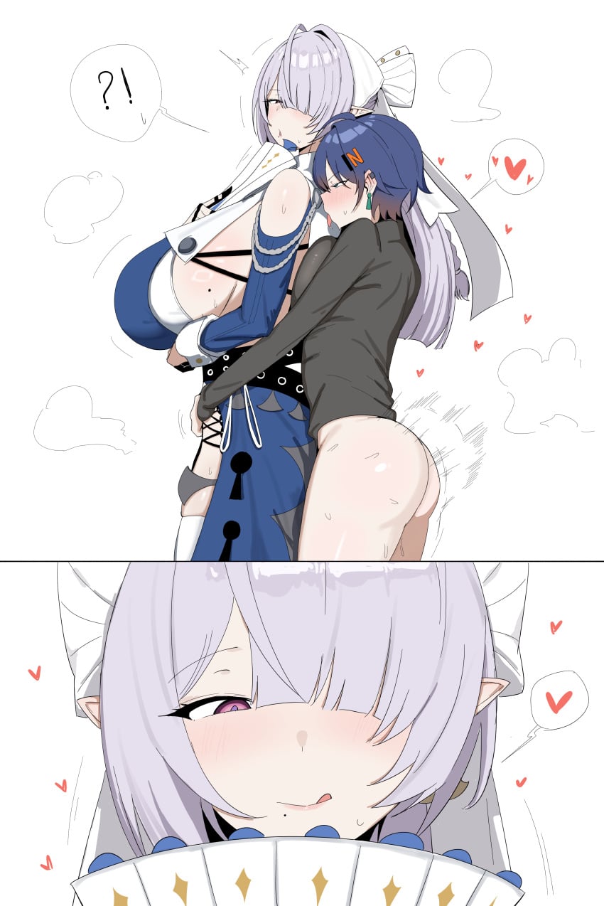 !? 1futa 1girl1futa 1girls 2koma ass bare_shoulders belle_(zenless_zone_zero) black_shirt blue_dress blue_hair blush bottomless_futa breast_press breasts clothing_cutout comic dress futa_on_female futa_with_female futanari grey_hair hair_ornament hair_over_one_eye hand_fan heart height_difference holding holding_fan intersex intersex/female large_breasts letter_hair_ornament licking_lips long_hair looking_at_another mole mole_on_breast mole_under_mouth multiple_girls pointy_ears purple_eyes sex sex_from_behind shirt short_hair shoulder_cutout sideboob silent_comic size_difference spoken_heart spoken_interrobang sweat tea220622 tongue tongue_out velina_airgid white_background zenless_zone_zero