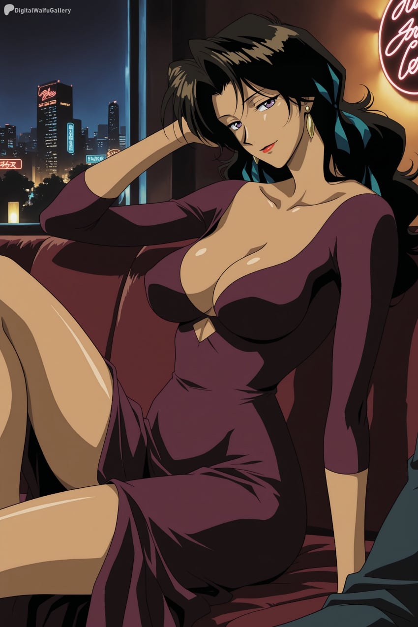 1girl ai_generated black_hair breasts cleavage collarbone couch dark-skinned_female dark_skin digitalwaifugallery dress earrings hi_res high_quality high_resolution jewelry katerina_solensan large_breasts lipstick long_hair looking_at_viewer makeup night patreon purple_dress purple_eyes red_lips seductive sexy sitting smile solo uncensored watermark