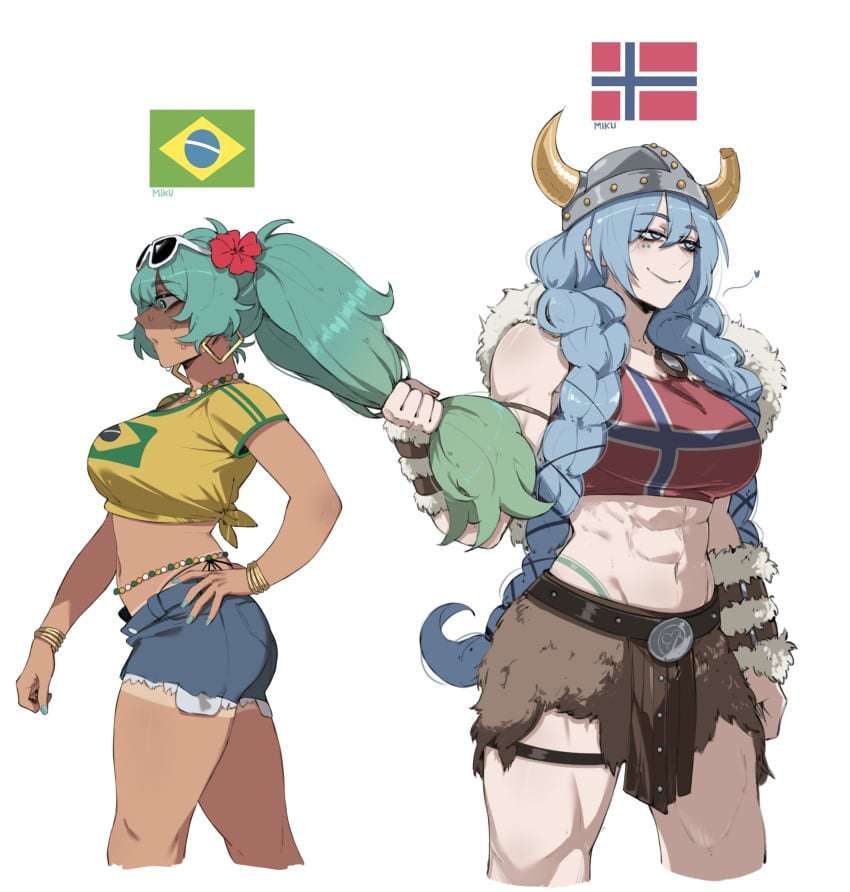 2d 2d_(artwork) 2d_artwork 2girls background blue_hair braided_twintails brazilian_miku dark-skinned_female digital_drawing_(artwork) digital_media digital_media_(artwork) dubious_consent hair_pull hatsune_miku imminent_sex masoq095 midriff muscular_female norwegian norwegian_miku selfcest simple_background twintails viking_female viking_helmet world_cup yuri