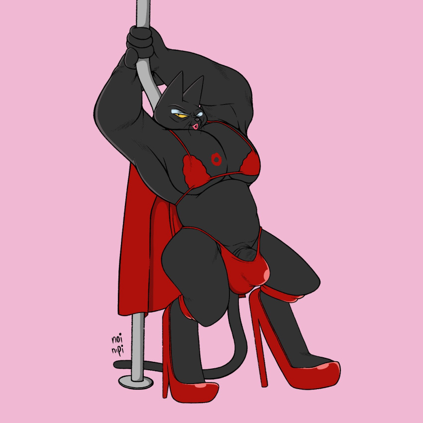 1:1 anthro black_body black_fur cape cartoon_network clothing digitigrade domestic_cat felid feline felis footwear fur genitals hi_res high_heels kiss_mark lipstick makeup male male_only mammal mao_mao:_heroes_of_pure_heart maychin muscular muscular_male noinipi one_eye_closed pecs penis penis_base pole red_clothing shin_mao shoes solo stripper stripper_pole thong underwear wink yellow_eyes