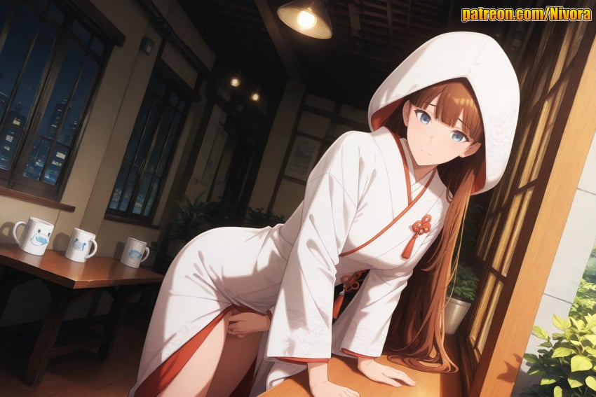 1girl ai_generated arm_support blue_eyes blush breasts bride brown_hair censored closed_mouth cup dutch_angle erection futanari hood indoors japanese_clothes kimono large_penis lee_joo_hee long_hair long_sleeves looking_at_viewer mug night nivora penis plant smile solo solo_leveling table testicles uchikake wataboushi white_kimono window