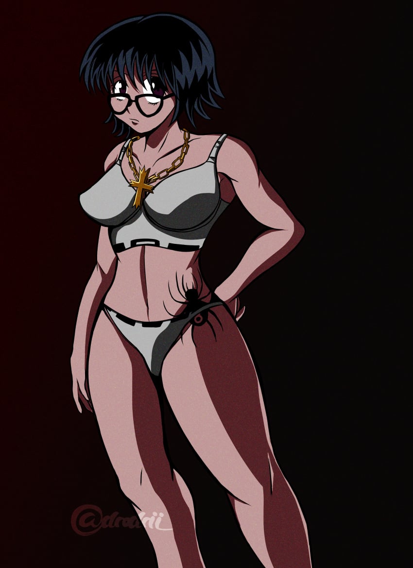 1girls big_breasts black_hair cross_necklace drodrii female female_only glasses hunter_x_hunter necklace shizuku_murasaki short_hair solo tattoo underwear