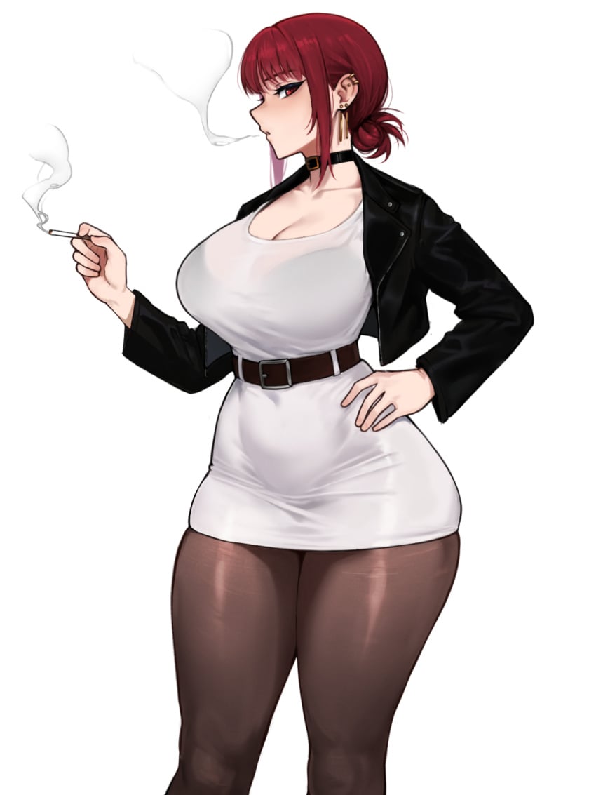 1girl alternate_breast_size belt black_bra black_choker black_jacket bra bra_visible_through_clothes breasts brown_belt brown_pantyhose choker cigarette cleavage clothing collarbone covered_navel cropped_jacket curvy dress ear_piercing earrings female hair_bun hand_on_own_hip holding holding_cigarette jacket jewelry large_breasts long_sleeves looking_at_viewer multiple_piercings open_clothes open_jacket pantyhose piercing red_eyes red_hair see-through shaardy short_dress short_hair sidelocks simple_background smoke smoking solo standing super_no_ura_de_yani_suu_futari tayama_(super_no_ura_de_yani_suu_futari) thick_thighs thighs underwear white_background white_dress