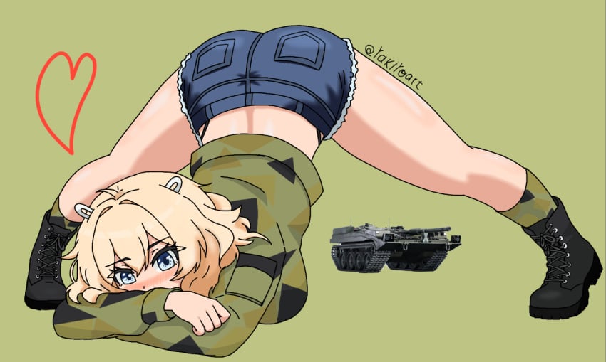 2d 2d_(artwork) 2d_artwork ass ass_focus ass_up blonde blonde-haired_female blonde_eyebrows blonde_female blonde_hair blonde_hair_female blue_eyes blush blush_lines blushing blushing_at_viewer blushing_female boobs boots booty booty_shorts camo camo_print camouflage dumptruck_ass dumptruck_butt green_background heart highres jacket jean_shorts legs legs_spread looking_at_viewer military military_boots military_clothing military_jacket panties socks spread_legs strv_103 tagme tagme_(artist) tank thick_ass thick_legs thick_thighs war_thunder