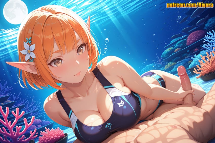 1boy 1girl abs ai_generated air_bubble ass bare_arms bare_shoulders bikini blush breast_press breasts brown_eyes bubble cleavage closed_mouth clothed_female_nude_male collarbone coral elf erection flower freediving full_moon hair_flower hair_ornament handjob hetero large_breasts looking_at_viewer lying navel nivora nude on_back one-piece_swimsuit orange_hair original original_character patreon penis pointy_ears short_hair smile solo_focus sports_bikini sports_bra swimsuit thighs uncensored underwater water yellow_eyes