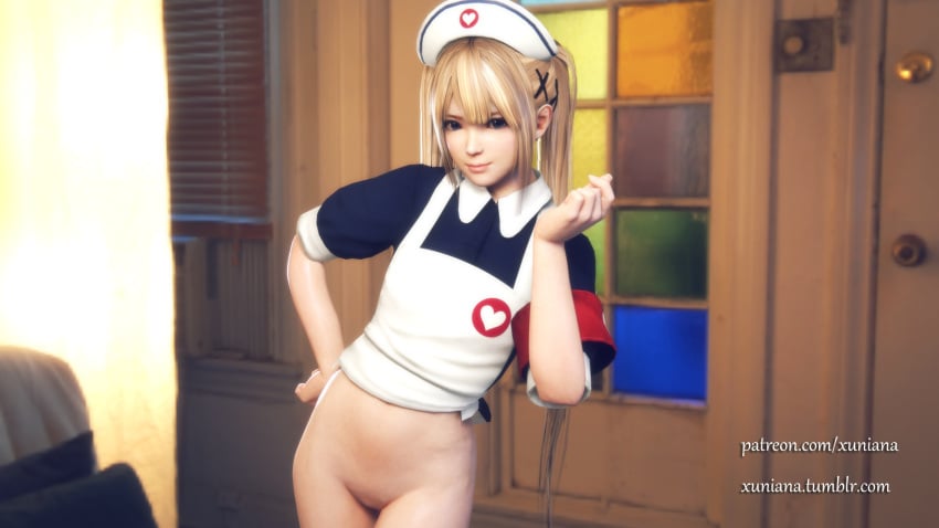 1girls 3d 3d_(artwork) blonde_hair blue_eyes bottomless dead_or_alive female female_only hairless_pussy marie_rose no_panties nurse nurse_cap nurse_uniform pussy shaved_pussy solo vagina xuniana