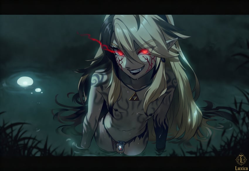 ai ai_art ai_generated androgynous black_hair boyfriend chastity_cage corrupted corruption crossdressing dark_link femboy feminine_male feminization gay girly girly_boy glowing_eyes golden_hair horror horror_(theme) hylian hylian_ears lake link link_(breath_of_the_wild) link_(tears_of_the_kingdom) long_hair long_teeth looking_at_viewer luxica naked night nintendo nipples novelai red_eyes smirk smirking the_legend_of_zelda trap triforce twink uncensored water yandere yaoi