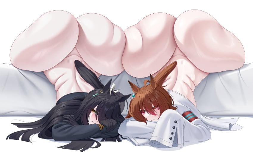 2d 2girls agnes_tachyon_(umamusume) ass ass_up black_hair bottom_heavy bottomless brown_hair female female_only head_down_ass_up light-skinned_female light_skin luunamito manhattan_cafe_(umamusume) tagme thighs umamusume umamusume_pretty_derby white_background