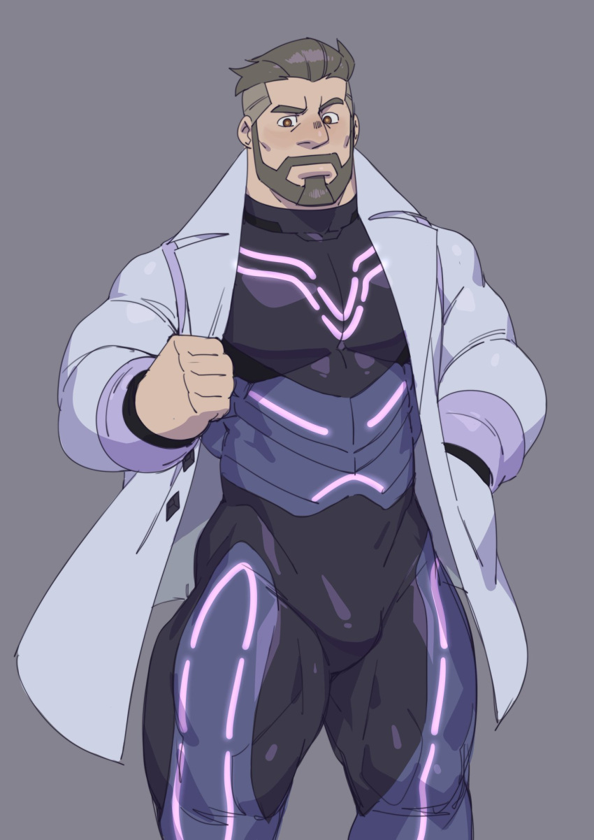 1boy bara beard bulge chesschirebacon clothed male male_only muscles muscular muscular_male open_coat pokemon pokemon_sv professor_turo thick_thighs