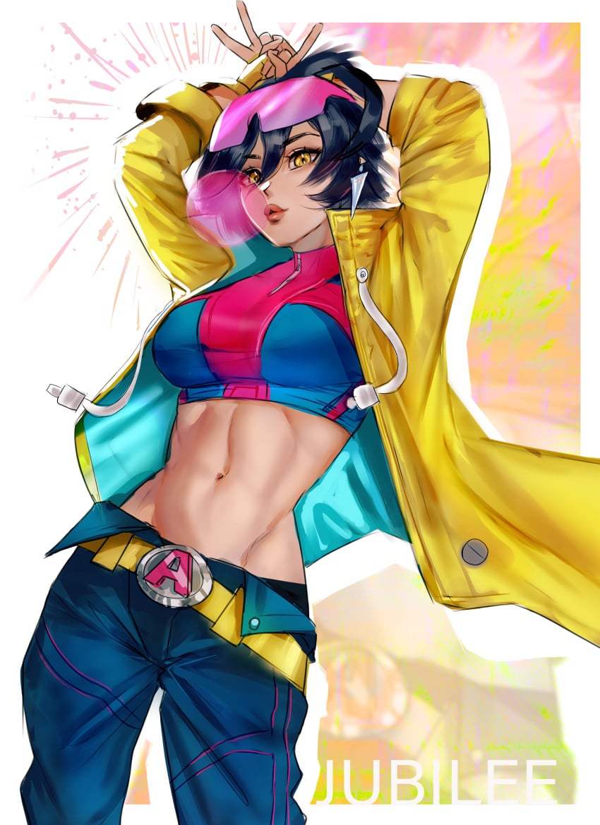 1girls abs arialla_draws arms_behind_head athletic bubble_gum female female_only jubilation_lee jubilee jubilee_(marvel_rivals) marvel marvel_rivals midriff navel x-men