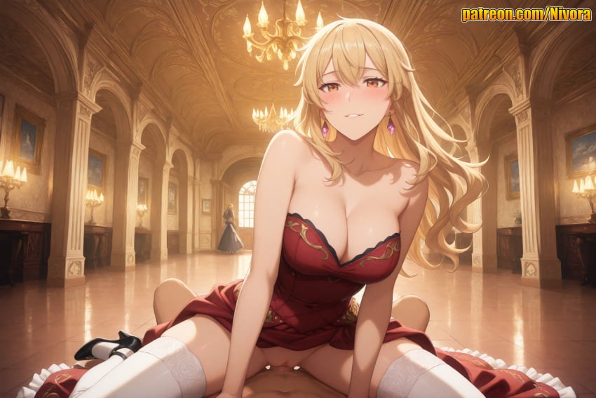1boy 1girl 2girls ai_generated bare_shoulders black_footwear blonde_hair blush breasts censored chandelier church cleavage clothed_female_nude_male clothed_sex collarbone cowgirl_position dress drop_earrings earrings gina_(solo_leveling) girl_on_top grin hetero high_heels indoors jewelry large_breasts long_hair looking_at_viewer mosaic_censoring multiple_girls nivora nude parted_lips penis pov pussy red_dress sex smile solo_focus solo_leveling straddling strapless thighhighs thighs vaginal white_thighhighs