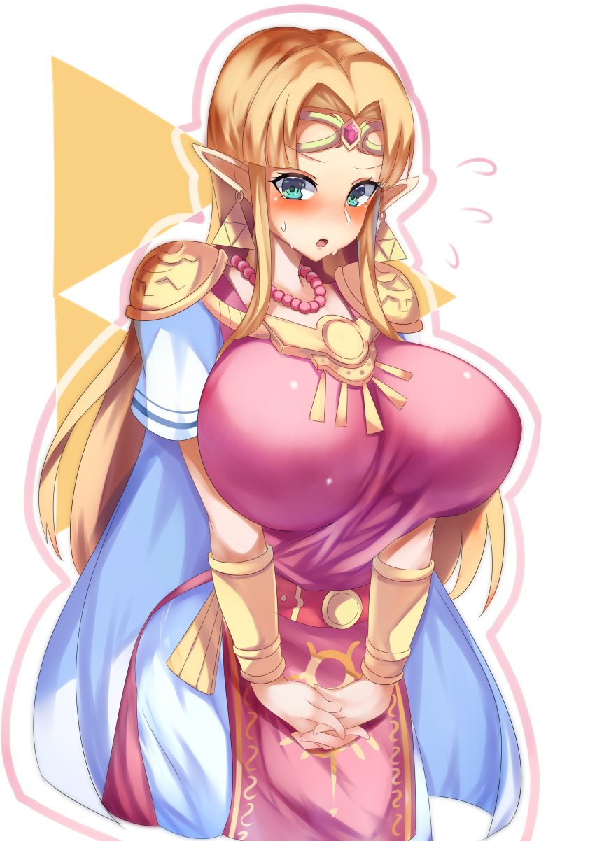 alternate_breast_size big_breasts blonde_hair blue_eyes blush blushing breast_expansion breasts earrings embarrassed female female_only fully_clothed long_hair looking_at_viewer necklace pointy_ears princess_zelda solo solo_female solo_focus sweating tea_texiamato the_legend_of_zelda triforce triforce_earrings vambraces zelda_(a_link_between_worlds)