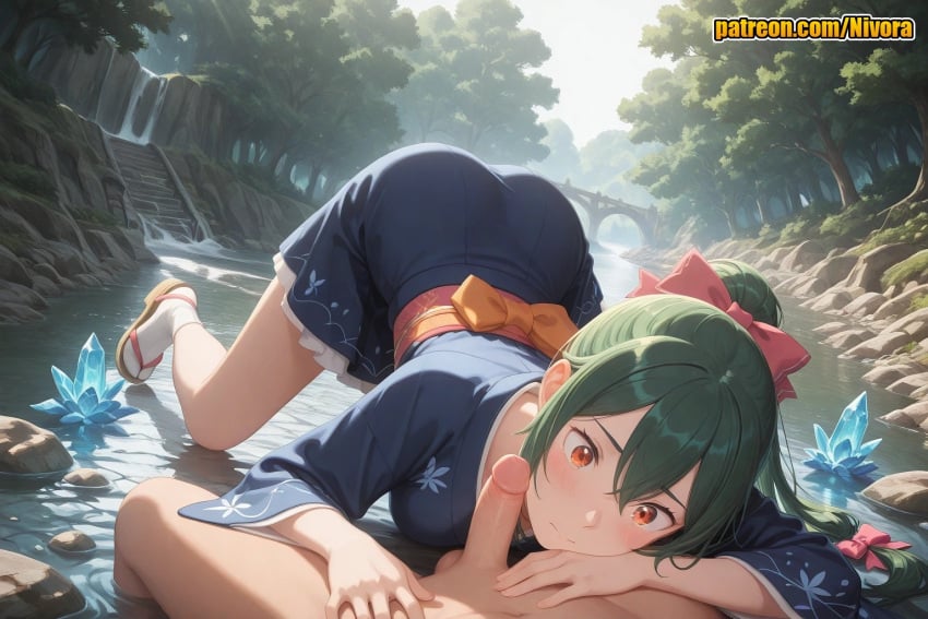1boy 1girl ai_generated all_fours ass blue_kimono blush bow breasts bridge closed_mouth clothed_female_nude_male crusch_karsten crystal day erection fellatio forest green_hair hair_between_eyes hair_bow hetero japanese_clothes kimono lake long_hair medium_breasts nature nivora nude obi oral orange_eyes outdoors patreon penis ponytail pov re:zero_kara_hajimeru_isekai_seikatsu red_bow red_eyes river rock sandals sash socks solo_focus tabi top-down_bottom-up tree uncensored water waterfall white_socks wide_sleeves yukata zouri