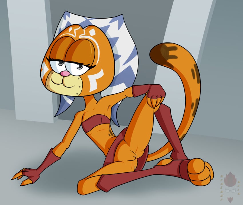 ahsoka_tano anthro crossover domestic_cat felid feline felis female garfield_(series) garfield_the_cat hi_res mad_(series) mad_magazine mammal nickelodeon orange_body orange_skin orintakoda paws,_inc. solo star_wars strap_across_chest sudoku_(mad) togruta upskirt