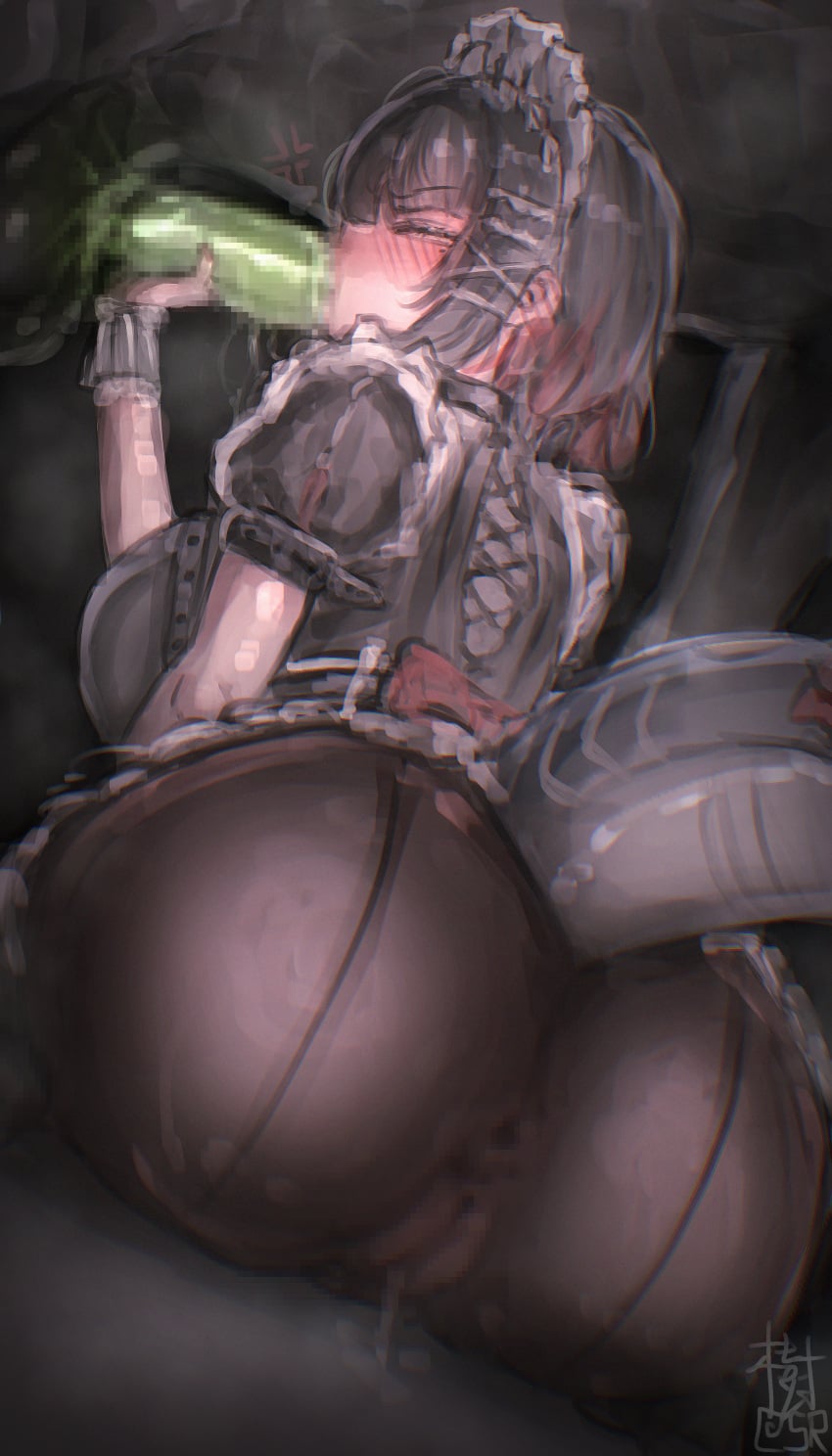 1girl absurdres angry animal_penis apron ass autreeyah back-seamed_legwear bestiality blush censored closed_eyes commentary ellen_joe english_commentary ethereal_(zenless_zone_zero) fellatio fins fish_tail from_behind highres horse_penis interspecies maid maid_apron monster_boy mosaic_censoring oral penis seamed_legwear shark_girl shark_tail struggling tail zenless_zone_zero zoophilia