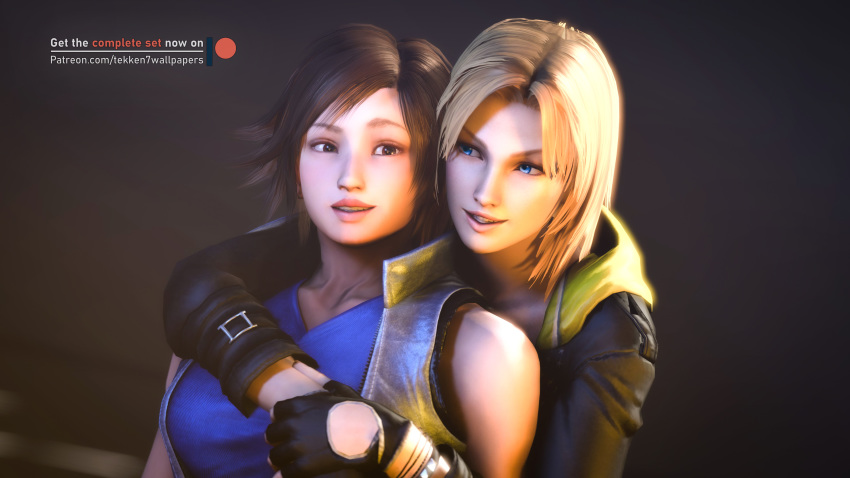 2girls 3d absurdres arm_around_shoulder blonde_hair blue_eyes breasts brown_hair cleavage crossover dead_or_alive dead_or_alive_5 highres hug_from_behind kazama_asuka smile smiling tekken tekken7wallpapers tekken_7 tina_armstrong