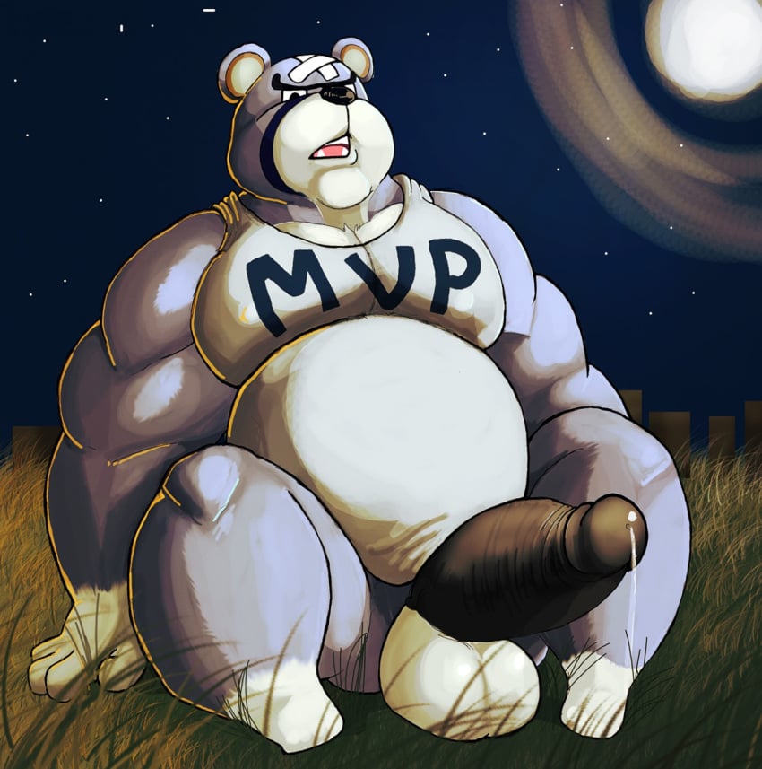 2018 animal_crossing anthro balls belly black_nose clothing curt_(animal_crossing) erection genitals hi_res humanoid_genitalia humanoid_penis male male_only mammal mc_morrales moon night nintendo outside overweight overweight_male penis shirt solo topwear ursid video_games