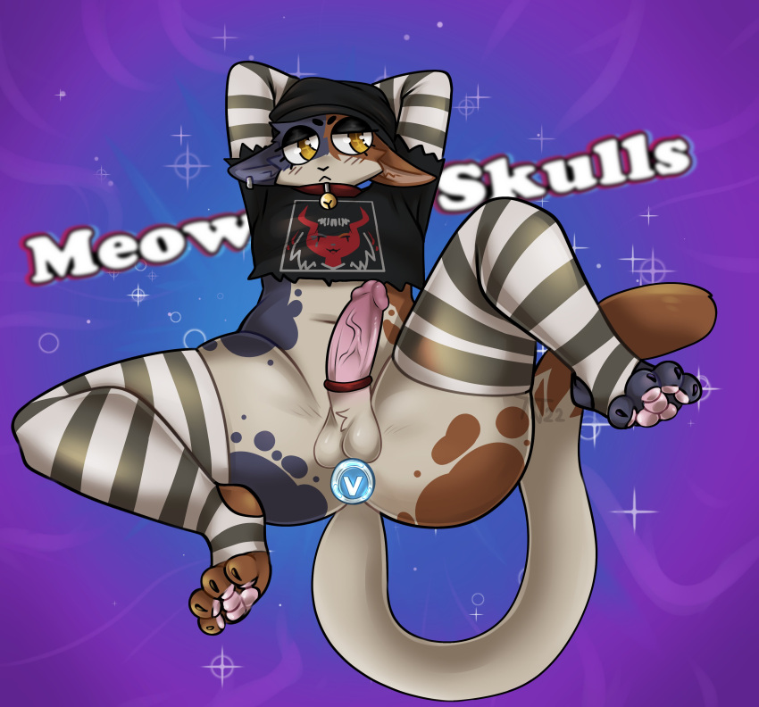 2022 absurd_res anthro balls beanie bottomless bottomless_anthro bottomless_male buttplug calico_cat clothed clothing digitigrade domestic_cat epic_games felid feline felis floppy_ears fortnite genitals hat headgear headwear hi_res leg_warmers legwear male mammal meow_skulls_(fortnite) mottled name_in_background naughtynightime penis piebald plug_(sex_toy) rule_63 sex_toy solo vein veiny_penis video_games