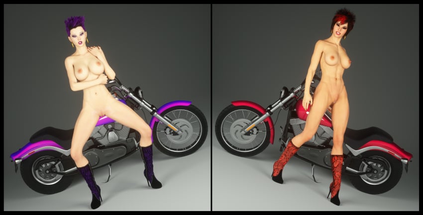 3d abs areolae athletic athletic_female biceps big_breasts bike biker bimbo boots breasts busty comic earrings eyeshadow female female_focus fit fit_female full_body gabriela_(lethalcandy) high_heel_boots hourglass_figure large_breasts lethalcandy lipstick long_fingernails makeup mascara nail_polish navel nipples nude nude_female nudity pale-skinned_female pale_skin pinup purple_hair pussy red_hair shaved_pussy short_hair standing tagme topless vagina wide_hips