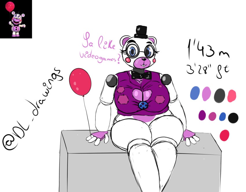 anthro balloon big_breasts black_hat blue_eyes bow_tie breasts crossgender desesperadoleon dress_shirt english_text female five_nights_at_freddy's five_nights_at_freddy's:_security_breach glasses hat helpy huge_breasts joints multicolored_body overweight overweight_female pink_body purple_inner_ear rule_63 sister_location sitting solo stitch_(disambiguation) text thick_thighs top_hat white_body