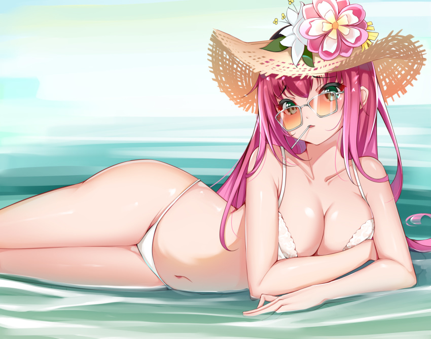 1girls ass azur_lane bangs bare_shoulders bikini blush breasts cleavage eyebrows_visible_through_hair female female_focus female_only flower flower_hat gradient gradient_background green_eyes hair_between_eyes hat highres hips in_water large_breasts long_hair looking_at_viewer looking_over_eyewear looking_over_glasses lying mouth_hold navel on_side open_mouth orange-tinted_eyewear orange-tinted_glasses red_hair solo straw_hat sun_hat sunglasses surcouf_(azur_lane) surcouf_(loisirs_balneaires)_(azur_lane) swimsuit tagme thighs tinted_eyewear tming very_long_hair water white_bikini